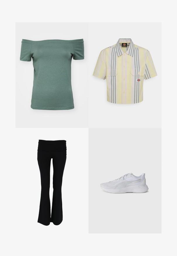 Tílko s krátkým rukávem a odhalenými rameny v tlumené zelené barvě z bavlny, s přiléhavým střihem a hladkou texturou, s jednoduchým výstřihem a lemem.; Zkrácená krátká košile světle žluté barvy s vertikálními zelenými a pastelovými pruhy. Obsahuje dvě náprsní kapsy a nášivku s logem na levé kapse.; Černé rozšířené jogínské kalhoty s širokým elastickým pasem. Vyrobeny z měkké, lehké tkaniny, s hladkým povrchem a bez viditelných vzorů.; Bílé sportovní boty s texturovaným svrškem, pruhovanými akcenty a polstrovanou podrážkou. Obsahují tkaničky a zaoblený design špičky.