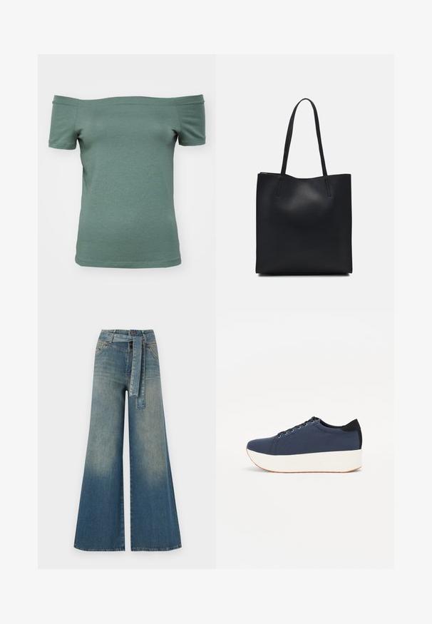 Off-the-shoulder short-sleeve shirt in muted green cotton, with a fitted shape and smooth texture, featuring a simple neckline and hem.; Wide-leg denim trousers featuring a light to dark blue gradient, high waist, belt loops, and a matching fabric belt. Textured denim finish.; Navy blue sneaker with a textured fabric upper, white platform sole, rounded toe, and black heel accent. Features six eyelets for laces.; Black leather tote bag with smooth texture, rectangular shape, and two long handles. No visible hardware or embellishments.