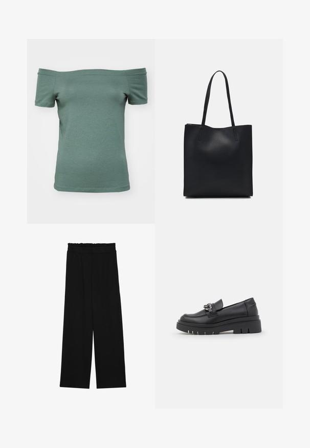 Camisa de manga curta off-the-shoulder em algodão verde suave, com um corte ajustado e uma textura lisa, apresentando um decote e uma bainha simples.; Calças largas pretas com um cinto franzido, apresentando dois bolsos laterais e um tecido suave e leve. Sem padrões ou ferragens visíveis.; Shoe preto estilo loafer com sola de plataforma robusta, parte superior em couro liso, detalhe decorativo em corrente e um leve salto com detalhe escavado.; Bolsa tote preta em couro com textura lisa, forma retangular e duas alças longas. Sem hardware ou enfeites visíveis.