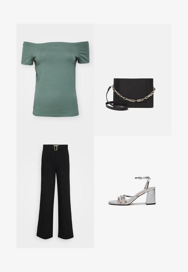 Oficialus pečių nuleistas trumpų rankovių marškinėliai iš neutralios žalios medvilnės, su prigludusia forma ir lygiu paviršiumi, turintys paprastą iškirpę ir apatinę siūlę.; Juodi plačių kojų kelnės, pagamintos iš lengvos medžiagos, turinčios lygią tekstūrą, priekiniais klostėmis ir diržu su kvadratine metaline sagtimi.; Sidabriniai metaliniai aukštakulniai sandalai su blokuotu kulnu, plona kulkšnies juostele ir keliais plačiais dirželiais per priekinę pėdos dalį. Lygi tekstūra.; Juodas odinis per petį nešiojamas krepšys turi lygų paviršių, stačiakampio formą ir metalinę grandinėlę priekyje. Pridedama reguliuojama dirželis.