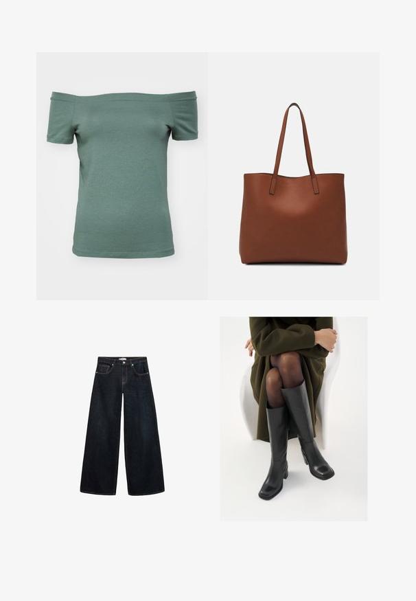 Off-the-shoulder short-sleeve shirt in muted green cotton, with a fitted shape and smooth texture, featuring a simple neckline and hem.; Wide-leg dark denim jeans with a high waist, featuring contrasting stitching, front pockets, and a minimalistic design.; Knee-high black leather boots with a squared toe and block heel, shown with a model seated in an olive green coat. Smooth texture, minimal detailing.; Brown leather tote bag with a smooth texture, open top design, and two shoulder straps. Features minimal stitching and no visible hardware.