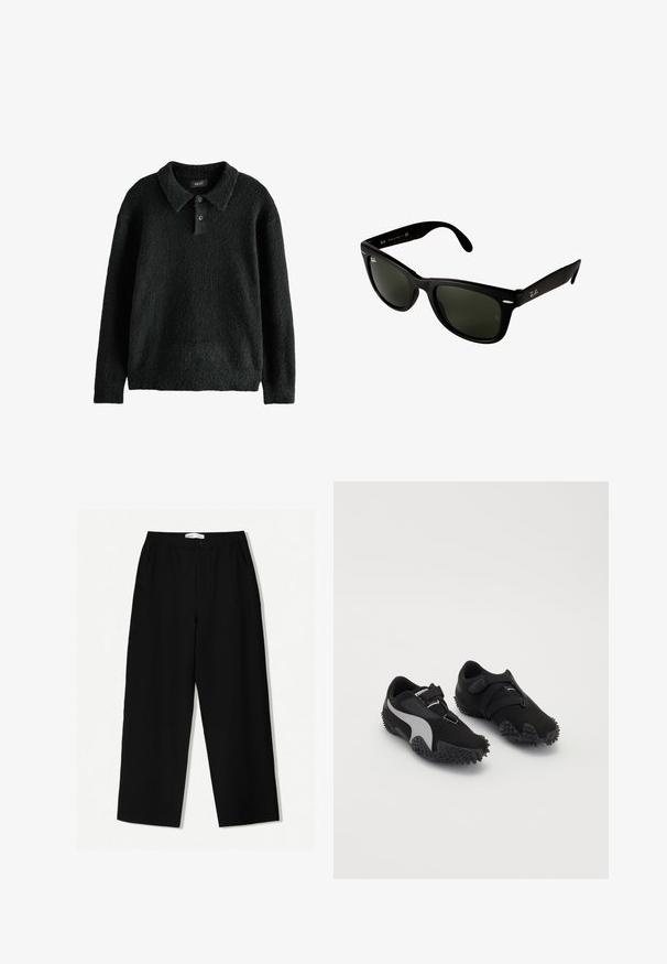 Černý, texturovaný svetr s límečkem, zapínáním na tři knoflíky a dlouhými rukávy. Vyrobený z měkkého, chlupatého materiálu.; Černé kalhoty s širokými nohavicemi z texturované látky, s elastickým pasem a postranními kapsami. Jednoduchý, minimalistický design bez zdobení.; Černé sportovní boty s texturovanou podrážkou, elegantním siluetou a šedým akcentem; mají bezpečné zavazování na pásek a tkaničky.; Černé plastové sluneční brýle s tmavě zelenými čočkami. Rám čtvercového tvaru s stříbrnými akcenty a vyraženým logem na spánkové straně.; Černá kožená kabelka přes rameno s jemnou, hladkou texturou, zakřiveným vrškem a zaobleným dnem, vystavená vedle světle zbarvených kalhot.; Stříbrné kovové náramkové hodinky se čtvercovým pouzdrem, bílým ciferníkem, římskými číslicemi a stříbrným náramkem z článků. Obsahují vodotěsný design.