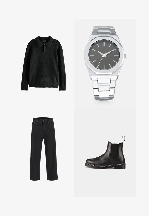 Pull-over noir texturé avec col, patte de boutonnage à trois boutons et manches longues. Fabriqué dans un matériau doux et duveteux.; Jean en denim noir à jambe droite avec fermeture à bouton et à zip, passants de ceinture, et poches avant et arrière.; Bottines Chelsea en cuir noir avec panneaux élastiques sur les côtés, bout arrondi, languette de tirage, couture blanche sur la semelle et semelle en caoutchouc texturé.; Montre analogique argentée avec un boîtier octogonal, un cadran gris, des index de heures argentés et un bracelet en acier inoxydable. Design minimaliste avec texture lisse.