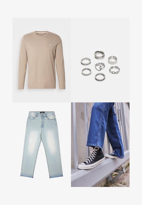 Hosszú ujjú bézs póló, pamutból készült. Kerek nyakkivágással és egy kis fehér logóval rendelkezik a mellrészen. Simább tapintású és regular szabású.; Pegador BARROW - Bő szabású farmernadrág - sand washed blue; Fekete magasszárú sportcipők fehér talppal és fűzővel, laza kék farmernadrággal párosítva, egy szürke korlát tetején pihenve.; Hét ezüst gyűrűből álló szett, különböző formákkal és szélességekkel, köztük csavart, összekapcsolt és gravírozott mintákkal.
