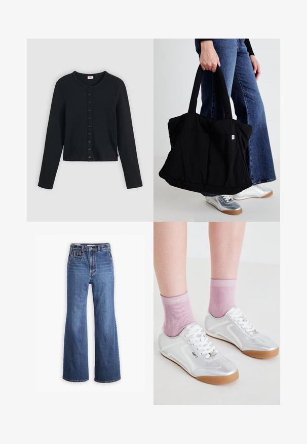 Cárdigan negro acanalado con escote redondo, mangas largas y una fila de seis botones en la parte delantera. Textura suave, largo corto.; Pantalones vaqueros de denim azul de cintura alta con un diseño de pierna ancha, que cuentan con un bolsillo delantero, cierre de botón de bronce y costuras en contraste.; Zapatillas deportivas plateadas con acentos blancos y suelas de goma, combinadas con calcetines rosa de canalé, mostrando un diseño de perfil bajo.; Bolsa tote de tela negra con un diseño acolchado, dos asas resistentes y una pequeña etiqueta con el logo en la parte frontal, sostenida por una persona con pantalones de mezclilla.