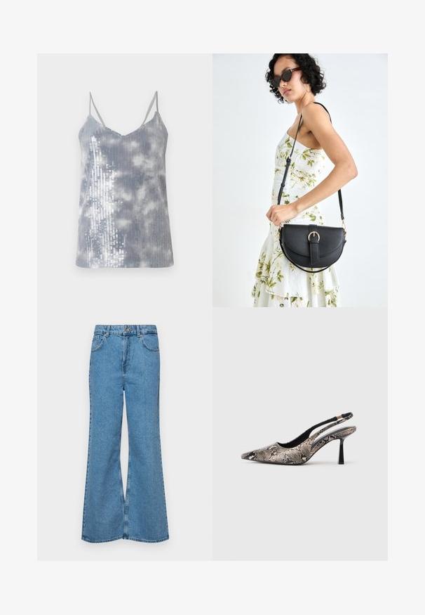 Bešalčio pilkas marškinėliai su šviesių debesių raštu. Viena pusė papuošta sidabrinėmis blizgučiais, suteikiančiais papildomą tekstūrą ir blizgesį. V formos iškirptė su plonomis petnešomis.; Šviesiai mėlynos flared džinsai, pagaminti iš džinsinio audinio, su aukštu liemeniu, penkiomis kišenėmis ir vienu mygtuko užsegimu. Minkštas paviršius su išblukusiu efektu.; V-formos slingback batai, pagaminti iš tekstūruoto gyvatės odos raštų, su siauru juodu kulnu ir išpjova šonuose.; Juodas odinis krepšys su išlenkta forma, nuimamu dirželiu ir auksiniais detalėmis. Krepšys turi kilpą su sagtimi.