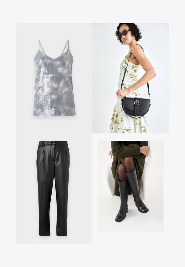 Haut sans manches gris avec un motif léger de nuages. Un côté présente des sequins argentés pour ajouter de la texture et de l'éclat. Design en V avec des fines bretelles.; Pantalons en cuir noir avec une texture lisse, coupe droite, taille élastique et fermeture à bouton à l'avant ; détails plissés et jambes fuselées.; Bottes en cuir noires arrivant au genou, avec un bout carré et un talon carré, présentées sur un modèle assis dans un manteau vert olive. Texture lisse, détails minimaux.; Sac à main en cuir noir avec une forme courbée, bandoulière amovible et des accessoires en or. Le sac est doté d'un rabat avec un détail de boucle.