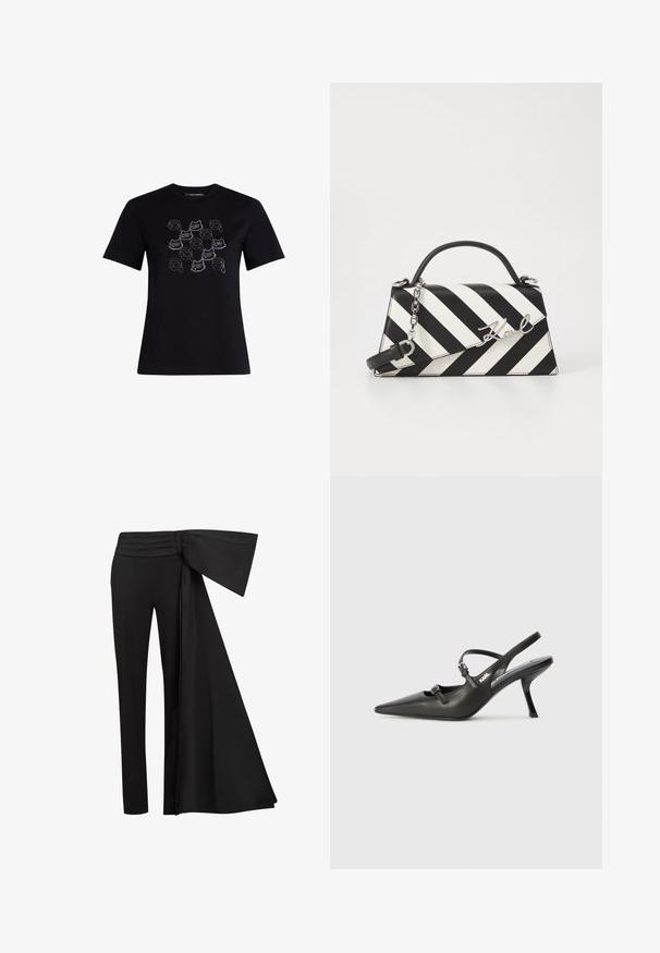 Musta puuvillapaita, jossa on useita kissoja esittävä graafinen kuvio, joka on koristeltu pienillä kristalleilla. Lyhyet hihat ja klassinen pyöreä kaula-aukko.; Musta housut, joissa on leveä, roikkunut vyöyksikkö vyötäröllä. Sujuva kangas, suora lahkeiden leikkaus ja laskostettu vyötärönauha.; Mustat nahkaiset slingback-korkokengät, joissa on terävä kärki, hoikka korko ja koristeellinen solkityyny varpailla. Tasainen pinta ja tyylikäs muotoilu.; Mustikkamustavalkoinen raita käsilaukku, jossa on jämäkkä muoto, ylhäällä oleva kahva, irrotettava ketjuhihna ja metallinen logoelementti.