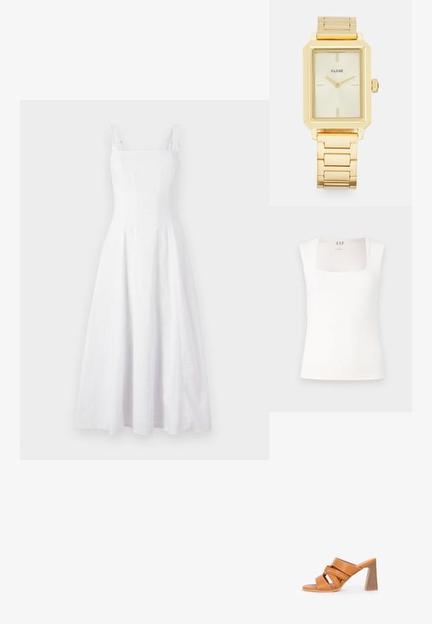 White sleeveless top with a square neckline. Smooth, stretchy fabric with a fitted shape. Tag labeled "GAP" at the back inside neck.; White linen dress with a square neckline, thin straps, and a flared skirt, featuring subtle texture and a mid-length design.; Orange faux leather high-heeled mules with crisscross straps, open toe, and a textured block heel. Smooth finish with visible stitching details.; Gold rectangular wristwatch with a minimalist design, featuring a cream dial, gold hands, and a metal link bracelet. Markings include brand name.