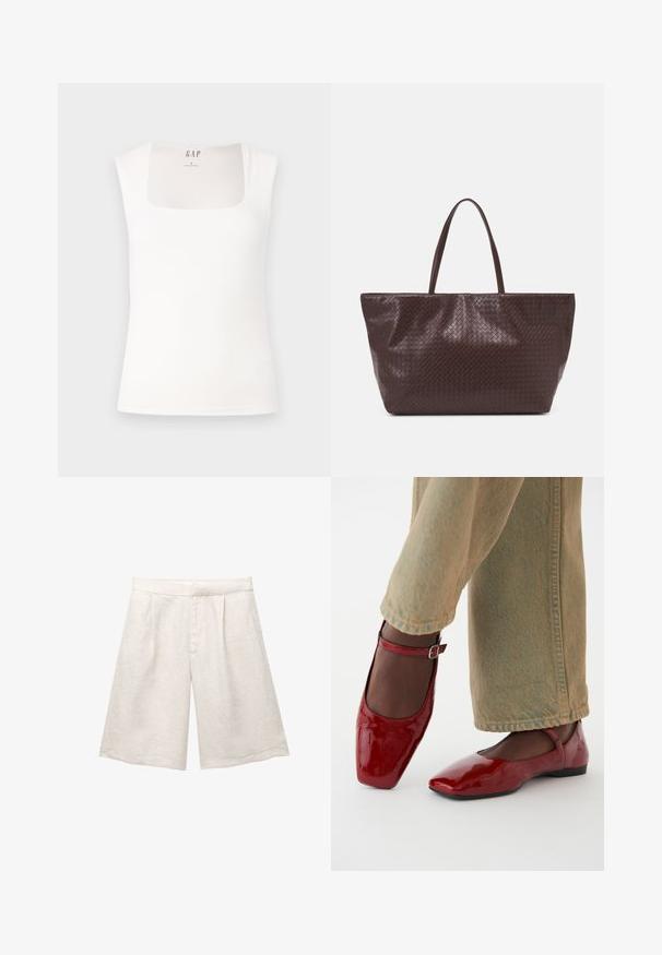 Weißes ärmelloses Oberteil mit quadratischem Ausschnitt. Glatter, elastischer Stoff in einer taillierten Form. Etikett "GAP" am hinteren innenliegenden Kragen.; Beige Leinenbermudas mit weitem Bein, versehen mit Vorderfalten und glattem Bund. Der Stoff hat eine leicht strukturierte Oberfläche.; Rote Lacklederschuhe mit quadrater Zehenform, niedrigem Absatz und Knöchelriemen, kombiniert mit hellgrünen weiten Jeans. Glatte Textur, reflektierende Oberfläche.; Braune geflochtene Leder-Totetasche mit zwei Griffen, einer strukturierten Form und einer strukturierten Oberfläche, die ein durchgängiges Rautenmuster aufweist.