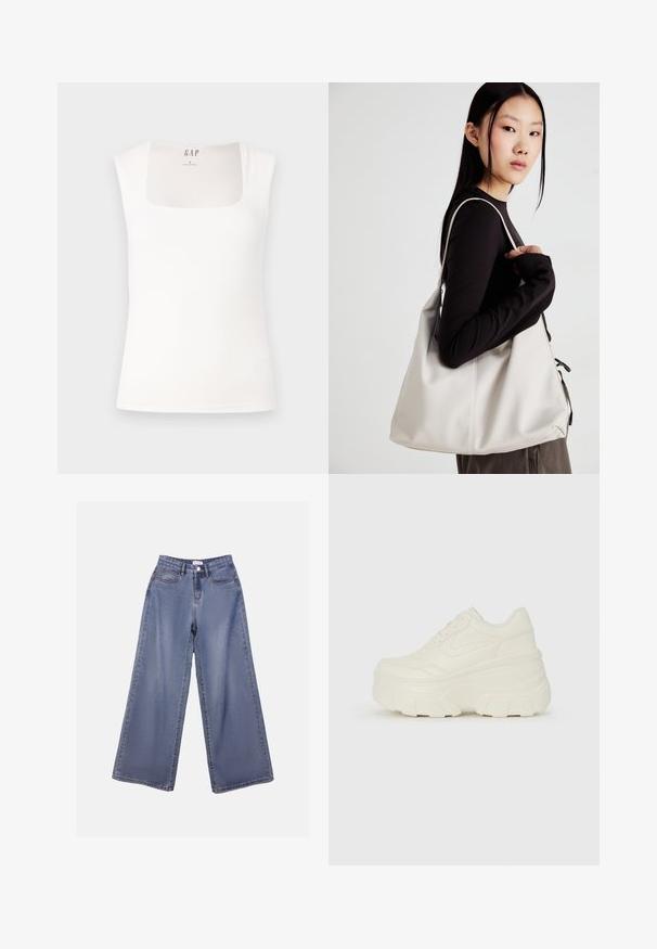White sleeveless top with a square neckline. Smooth, stretchy fabric with a fitted shape. Tag labeled "GAP" at the back inside neck.; Wide-leg denim jeans in a light blue wash, featuring a high waist, front pockets, and a button closure with belt loops.; White platform sneakers featuring a smooth leather-like upper, rounded shape, padded collar, and textured rubber sole with defined treads.; Beige handbag made of soft material, featuring a slouchy design, stitched detailing, and two shoulder straps. Suitable for everyday use.