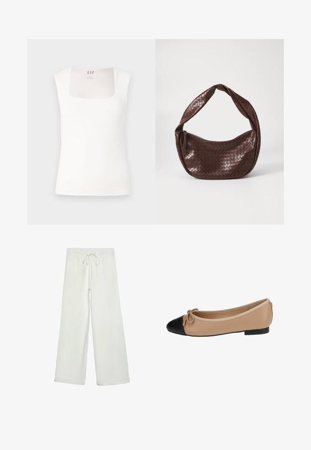Bílé tílko bez rukávů s hranatým výstřihem. Hladká, elastická látka s přiléhavým střihem. Štítek označený "GAP" vzadu na vnitřní části krku.; Bílé kalhoty s širokými nohavicemi vyrobené z měkké tkaniny. Mají elastický pas se stahovací šňůrkou a hladkou strukturu. Žádné viditelné vzory ani kovové prvky.; Béžové baleríny z kůže s černým špičkovým dílem. Obsahují detail mašle na přední straně a hladký povrch. Nízký profil s gumovou podrážkou.; Hnědá tkaná kožená taška s prohnutou, uzlovou rukojetí a zipovým uzávěrem. Hladký povrch a zaoblený tvar.