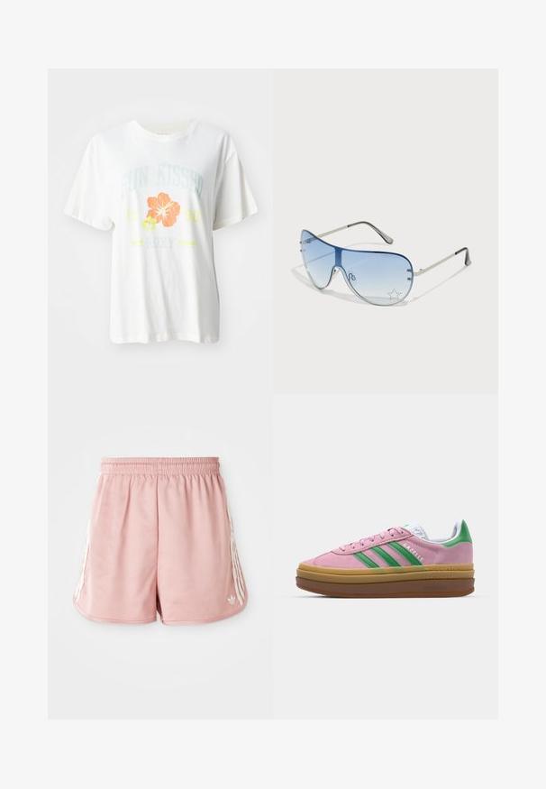 Bela bomba iz bombaža z grafičnim potiskom tropskih cvetov v oranžni in rumeni barvi ter napisom "SONČNO POLJUBLJEN 1990 Roxy."; Roza atletska kratka hlača z elastičnim pasom, stransko belim črtanjem in majhnim logotipom na dnu levega sprednjega dela. Gladka tekstura tkanine.; Roza semširna športna obutev z zelenimi črtami, belimi detajli in rjavim gumijastim podplatom. Ima teksturovan material in logotip na strani.; Pilotne sončne očala z gradijentnimi modrimi lečami, srebrnim kovinskim okvirjem in okrasnimi zvezdastimi detajli na lečah. Gladek in eleganten dizajn.