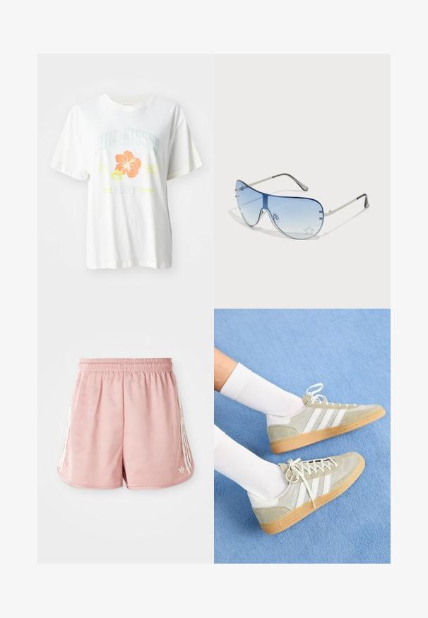 Valge puuvillane T-särk, millel on graafiline trükk, kus kujutatakse troopilisi lilli oranžis ja kollases, ning tekst "SUN KISSED 1990 Roxy."; Roosa sportlikud lühikesed püksid elastse vöökoha, külgedel valgete triipudega ja väikese logoga vasakul all ees. Sile kangastekstuur.; Heledad hall suhkrutoed, valgete kummitootega, millel on kolm valget triipu ja pruun tall, kandsid valgete sokkidega sinisel taustal.; Aviatori prillid, millel on gradient sinine objektiiv, hõbedane metallraam ja dekoratiivsed staaraktsendid objektiivil. Sujuv ja stiilne disain.