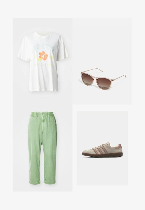 Biela bavlnená tričko s grafickým potlačou tropických kvetov v oranžovej a žltej farbe a textom s nápisom "SUN KISSED 1990 Roxy."; Svetlozelené, voľné nohavice vyrobené z mäkkého materiálu. Obsahuje gombík a elastický pás, s bočnými vreckami a zúženými nohavicami.; Béžové semišové tenisky s ružovými akcentmi, obsahujúce tri prekrývajúce sa pruhy, textúrovaný špičkový cap a gumovú podrážku s drážkami.; Hnedé slnečné okuliare s prechodovým efektom a priehľadným ružovým rámom, štvorcového tvaru a tenkými kovovými ramenami. Obsahujú zaoblené okraje a minimálne detaily.
