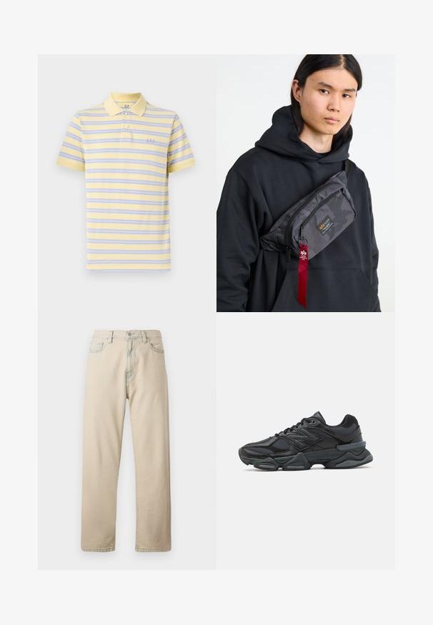 Poloko s krátkym rukávom v jemnej žltej farbe s fialovými a modrými vodorovnými pruhmi. Obsahuje klasický golier a vyšívané logo "GAP" na hrudi.; Bežové bavlnené denimové džínsy so rovnými nohavicami, piatimi vreckami, pútkami na opasok a zipsovým uzáverom. Jemne vyblednutá textúra a kontrastné šitie.; Čierna bežecká obuv so zmesou sieťoviny a syntetických materiálov, robustnou podrážkou, zakriveným dizajnom a výrazným logom na boku.; Čierna mikina s kapucňou a šedým maskáčovým ľadvinkou, ktorý má zips a červenú značkovú nášivku, nosená cez hruď.