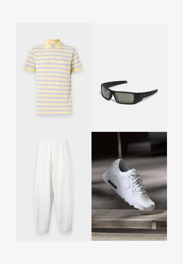 Kortärmad polotröja i mjuk gul färg med lila och blå horisontella ränder. Har en klassisk krage och broderad "GAP"-logga på bröstet.; Ljusgrå sweatpants gjorda av mjukt material, med elastisk midja, avsmalnande ben och anklaffar. Enkelt design utan mönster.; Vita Nike Air Max 90 sneakers med en ovandel i mesh och läder, perforerad tåbox och en synlig luftenhet i hälen.; Svarta solglasögon med matt yta, rektangulära linser, lätt kurva vid skalmarna, diskret logotypdetalj och rökfärgade linser.