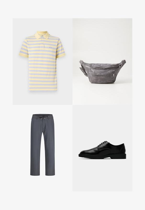 Kortermet polo-skjorte i myk gul med lilla og blå horisontale striper. Har klassisk krage og brodert "GAP"-logo på brystet.; Grå bukser med elastisk midjebånd og snor. Rett ben-design, laget av glatt stoff, med minimalt søm og uten synlig utstyr.; Sorte lærdressko med en glatt overflate, rund tå, snøring og en diskret gummisåle for godt feste.; Grå semsket fanny pack med avrundet form, to glidelåslommer og justerbar stropp. Har metallbeslag som detaljer.