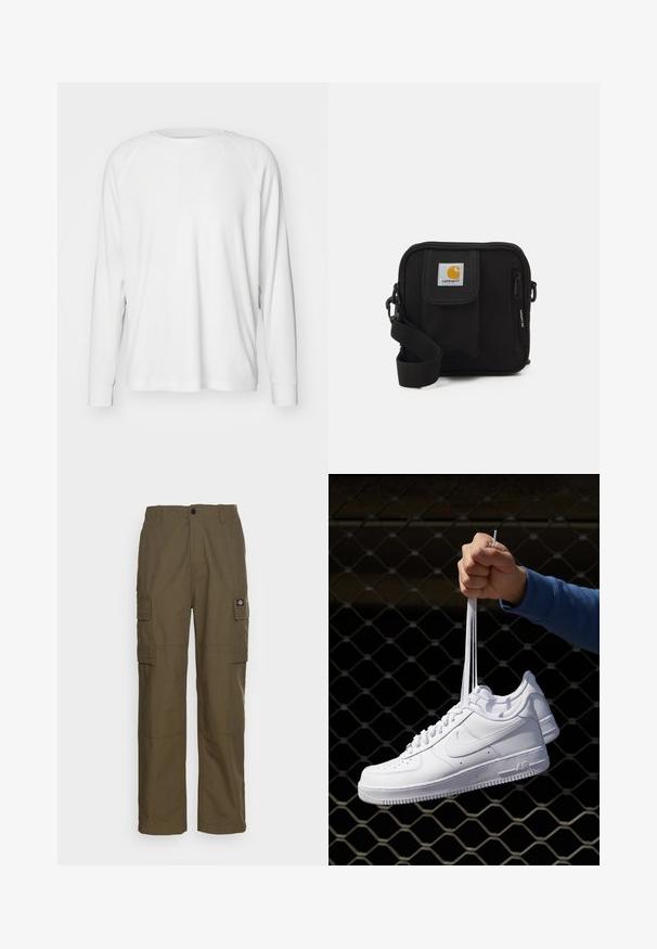 GAP WAFFLE CREW - Hosszú ujjú felső - new off white; Olajzöld cargo nadrág, tartós anyagból készült. Két oldalsó zsebe van, szabványos derékkal és egyenes fazonnal rendelkezik.; Fehér bőr sportcipők perforációval, kerek orral, lapos talppal és vastag fűzőkkel, látható swoosh logóval és "AIR" felirattal a sarokrészen.; Fekete keresztbody táska cipzáras főrekesszel, elülső zsebbel, állítható pánttal és látható logóval a fedélen.