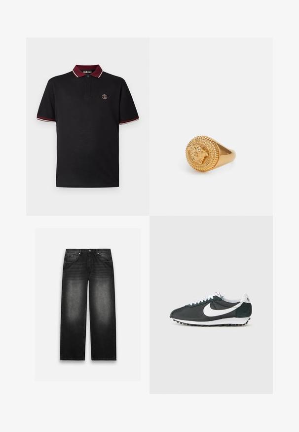 Melnas polo krekls ar tumši sarkanu apkakli, uz kuras ir baltas svītras. Mazs izšūts logo uz krūtīm. Īsas piedurknes, klasiskas piegriezuma, kokvilnas materiāls.; Melns un pelēks raibs krekls ar garām piedurknēm, izgatavots no mīksta auduma, ar pogātu apkakli un izšuvumu uz krūšu.; Melnas džinsu bikses ar plašu kāju dizainu. Satur piecas kabatas, vieglu nodilumu un izturīgu šuvumu. Poga un rāvējslēdzēja aizdare.; Nike sneakers melnā sietiņā ar baltu swoosh, baltām šņorēm un tumši zaļiem ādas akcentiem. Iespējams, ka tajās ir strukturēta melna gumijas zole.; Versace UNISEX - Gredzens - gold- coloured