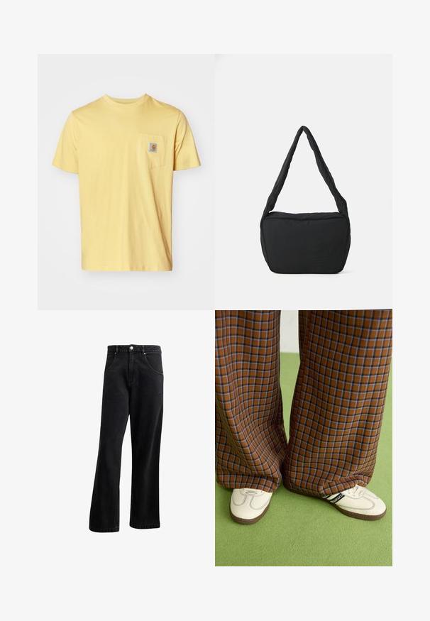Geltona medvilninė marškinė su trumpomis rankovėmis, apvalia iškirpte ir kairėje krūtinės pusėje kišene, kuri turi mažą firminį logotipą. Paprastas dizainas.; Juodi džinsai su tiesiu siluetu, turintys priekinius kišenes, mygtukų užtrauktuką ir šiek tiek tekstūros. Įtraukta subtili logotipo detalė.; Rudos ir mėlynos langelinės plačios kelnės, derinamos su baltais batais su juodais akcentais ir tekstūruotais padais, prieš žalią foną.; Juodas pečių krepšys su paminkštinta tekstūra, apvalia forma ir plačia juostele, su iškilminiu logotipu priekyje.