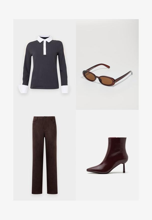 Donkergrijs poloshirt met lange mouwen, witte kraag en manchetten, met lichtbeige accenten op de schouders en een knoopsluiting.; Rechtdoorgaande donkerbruine suede broeken met voorknop- en ritssluiting, riemlussen en zijzakken.; Bordeaux patentleren enkelboot met een spitse neus en een slanke stilettohak, met een gladde, glanzende textuur en een minimalistisch ontwerp.; Ronde, bruin getinte zonnebril met een glanzend bordeauxrood frame. Slanke pootjes met subtiele merkdetails. Vlakke lensontwerp.; Geweven bordeauxkleurige handtas met een afgeronde vorm en een enkele handgreep, voorzien van een gestructureerd oppervlak en een elastische trekkoordsluiting.