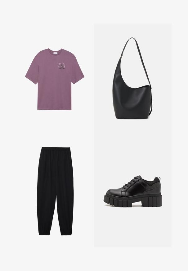 Ljubičasta pamučna majica kratkih rukava s prednjim grafičkim prikazom zvijezde i natpisom "Celestial Symphony Solar Eclipse." Mekani materijal.; Crne, lagane hlače s elastičnom stražnjom pasicom i naboranim gležnjevima. Tkanina je glatka i ima opušteni, suženi dizajn.; Crne kožne platforme s debelim blok-peta, okruglim prstima i klasičnim dizajnom vezanja. Imaju gladak tekstur i minimalne detalje.; Crna kožna hobo torba s glatkom teksturom, zakrivljenim oblikom i jednom podesivom trakicom; ima širok otvor na vrhu.