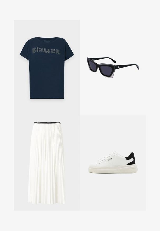 Mørkeblå t-shirt med korte ærmer og rund hals. Har ordet "Blauer" i dekorative rhinsten på forsiden.; Plisseret hvid nederdel med en sort elastisk talje, der har "LACOSTE"-logoet. Mellemlang design med blød tekstur.; Hvide lædersneakers med en tyk hvid sål, sort ruskindhælvægt og prægede logoer på siden. Snørebåndsdesign med seks øjer.; Store sorte oversized solbriller med geometrisk form, med mørke linser og en kontrasterende grå detalje på stellet. Logo på armen.