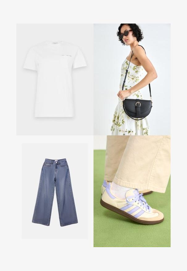 White cotton t-shirt with a crew neck, short sleeves, and a left chest pocket. Features a small black print reading "REPLAY EST 1981."; Wide-leg denim jeans in a light blue wash, featuring a high waist, front pockets, and a button closure with belt loops.; Cream and lavender sneakers with three stripes and a textured brown sole, featuring laces and a padded heel. Soft fabric upper.; Black leather handbag with a curved shape, detachable strap, and gold hardware. The bag features a flap with a buckle detail.