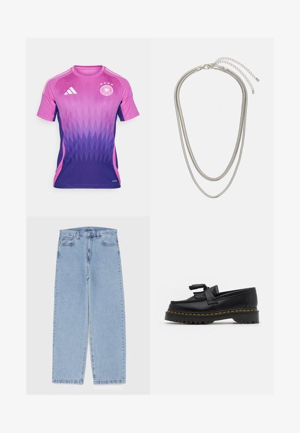 Camiseta de fútbol con degradado morado y rosa, con un patrón en zigzag, logo de Adidas en el pecho, cuello redondo, mangas cortas y parche bordado.; Jean de mezclilla azul claro con diseño de pierna recta, con una cintura de altura media, cinco bolsillos y un cierre de botón y cremallera.; Mocasín de cuero negro con un acento de borlas, que presenta una suela gruesa negra y costuras amarillas a lo largo del borde. Acabado texturizado.; Collar de metal plateado de tres capas que presenta cadenas flexibles y elegantes con un ligero brillo, asegurado con un cierre de langosta y cadena ajustable.