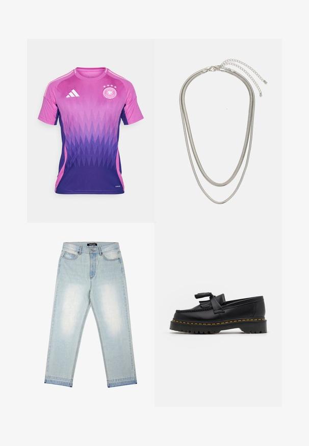 Fotbalový dres v odstínech fialové a růžové s cik-cak vzorem, logo Adidas na hrudi, kulatý výstřih, krátké rukávy a vyšitý odznak.; Pegador BARROW - Volné džíny - sand washed blue; Černé kožené mokasíny s třásněmi, se silnou černou podrážkou a žlutým prošíváním podél okraje. Texturovaný povrch.; Vícevrstvý stříbrný kovový náhrdelník s elegantními, flexibilními řetízky s jemným leskem, zabezpečený karabinkou a nastavitelným řetízkem.