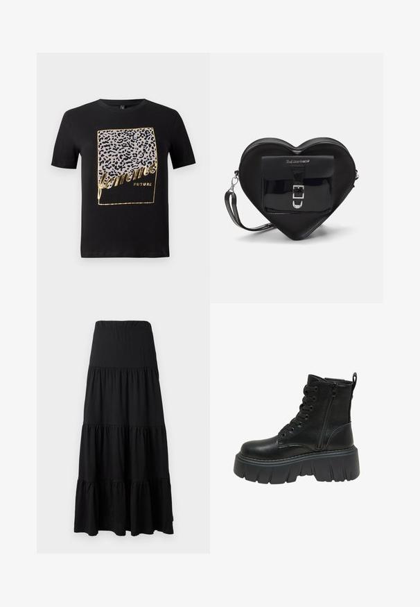 T-shirt en coton noir avec un motif léopard en gris et or, portant le texte "femme FUTURE" dans une police stylisée. Manches courtes.; Jupe maxi noire en tissu doux, avec un design à étages, une taille élastique et des accents volants à l'ourlet.; Bottine en cuir noir avec une semelle épaisse, présentant un laçage à l'avant et une fermeture éclair sur le côté pour un enfilage facile. Détails texturés le long de la semelle.; Sac en forme de cœur noir en cuir verni avec une poche avant dotée d'une fermeture à boucle et d'une bandoulière amovible. Accents en métal argenté.