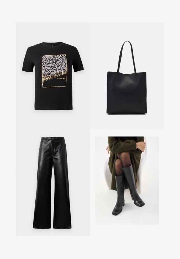 Black cotton T-shirt featuring a leopard print design in gray and gold with the text "femme FUTURE" in a stylized font. Short sleeves.; Black high-waist wide-leg faux leather pants with front button, zip closure, belt loops, and side pockets on white background.; Knee-high black leather boots with a squared toe and block heel, shown with a model seated in an olive green coat. Smooth texture, minimal detailing.; Black leather tote bag with smooth texture, rectangular shape, and two long handles. No visible hardware or embellishments.