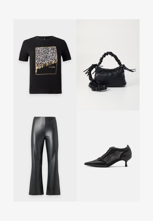 Čierne bavlnené tričko s krátkymi rukávmi, zdobené leopardím vzorom v sivej a zlatej farbe s nápisom "femme FUTURE" v štýlovom písme.; Čierne umelé kožené nohavice s rozšírenými nohavicami, so hladkou, lesklou textúrou a vysokým pásom. Jednoduchý a elegantný vzhľad.; Čierna topánka s ostrou špičkou a sieťovaným panelom, s nízkym opätkom a šnurovaním vpredu. Vyrobená z kombinácie kože a sieťoviny.; Čierna umelá kožená kabelka s kroko vzorom, sťahovaným vrchom a zhnutým popruhom. Vyzerá mäkko a kompaktné v dizajne.