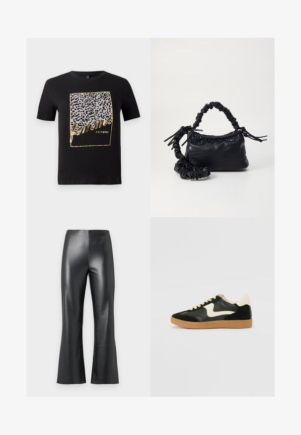 Zwarte katoenen T-shirt met een luipaardprint ontwerp in grijs en goud met de tekst "femme FUTURE" in een gestileerd lettertype. Korte mouwen.; Zwarte faux leren broek met een uitlopende pijpdesign, met een soepele, glanzende textuur en een hoge taille. Eenvoudige en stijlvolle uitstraling.; Zwarte suède en leren sneaker met een crèmekleurige zij-swoosh en lichte crèmekleurige hiel. Voorzien van beige veters en een gumrubberen zool.; Zwarte nepleer handtas met een krokodillenstructuur, opgedroogde bovenkant en een gekreukte hengsel. Het lijkt zacht en compact van ontwerp.