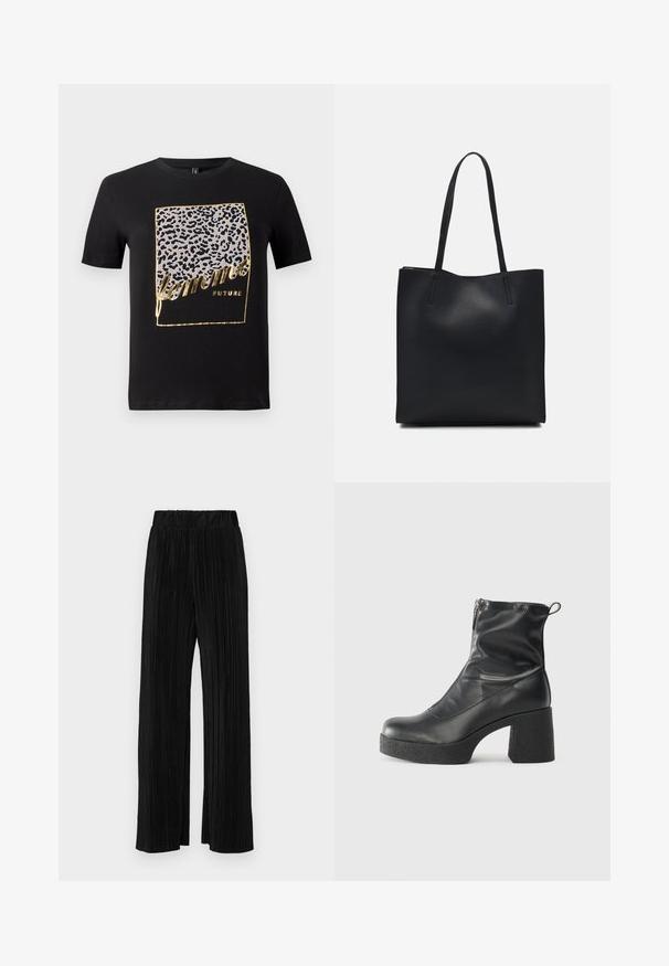 Black cotton T-shirt featuring a leopard print design in gray and gold with the text "femme FUTURE" in a stylized font. Short sleeves.; Black pleated trousers with an elastic waistband. Features wide legs and a smooth, textured fabric with vertical stripes.; Black ankle boots made of smooth leather, featuring a side zipper, chunky textured heel, and rounded toe design.; Black leather tote bag with smooth texture, rectangular shape, and two long handles. No visible hardware or embellishments.