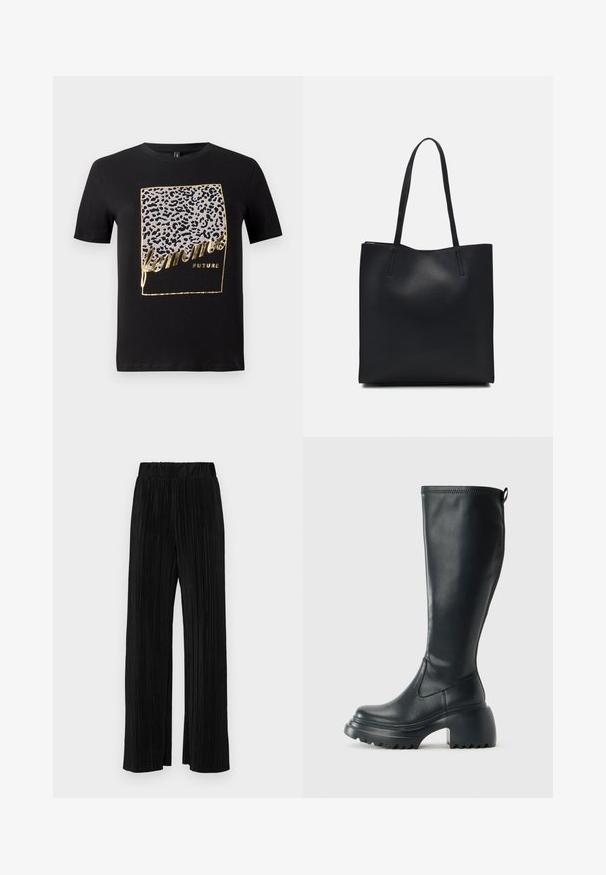 Black cotton T-shirt featuring a leopard print design in gray and gold with the text "femme FUTURE" in a stylized font. Short sleeves.; Black pleated trousers with an elastic waistband. Features wide legs and a smooth, textured fabric with vertical stripes.; Tall black leather boot with chunky platform sole and block heel, featuring pull tab and textured tread on outsole.; Black leather tote bag with smooth texture, rectangular shape, and two long handles. No visible hardware or embellishments.
