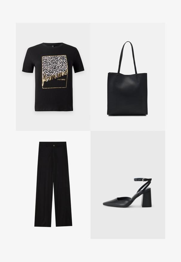 Černé bavlněné tričko s leopardím potiskem v šedé a zlaté barvě s textem "femme FUTURE" v stylizovaném písmu. Krátké rukávy.; Široké černé kalhoty vyrobené z hladkého materiálu, s předními kapsami a zapínáním na knoflík v pase. Minimalistický design bez vzorů.; Černé kožené lodičky se špičatou špičkou, kotníkovým páskem a silným podpatkem. Hladká textura, elegantní design a minimalistická estetika.; Černá kožená taška přes rameno s hladkým povrchem, obdélníkovým tvarem a dvěma dlouhými uchy. Žádné viditelné kování ani ozdoby.