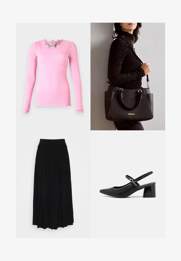 Dugi rukav, uski top u ružičastom rebrastom teksturu, s ukrasnim izrezom na vratu i čipkastim detaljima na manžetama. Klasičan silueta, mekani materijal.; Crna plisirana suknja s visokim, rastezljivim pojasom. Izrađena od mekog materijala, s vertikalnim plisama koje stvaraju lepršav siluetu.; Crne lakirane slingback visoke potpetice s šiljastim vrhom, zaobljenim izrezom i blok potpeticom. Sadrži akcent zlatnog tona s kopčom.; Crna torba s teksturiranom površinom, dvostrukim gornjim ručkama i podesivom remenom za rame. Ima zlatne metalne detalje i bočne džepove.