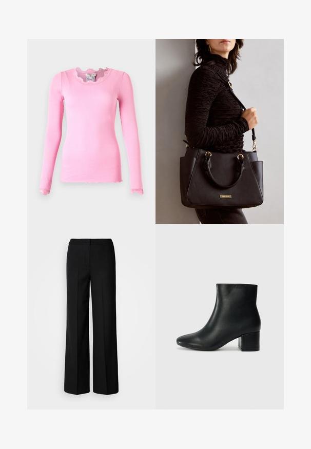 Pikad varrukad, kehaehe roosa ribatekstiiliga topp, millel on laineline kaelus ja pitsaktsendid varrukatel. Klassikaline siluett, pehme kangas.; Mustad laiad püksid siledast kangast, millel on kõrge vöökoht, kohandatud õmblused ja minimalistlik kujundus. Ei ole nähtavat riistvara ega taskuid.; Mustad nahast pahkluu saapad terava varbaga ja jämeda kandaga. Sile tekstuur minimaalse aktsentidega ja stiilne, lihvitud disain.; Musthave must kott, millel on tekstuurne pind, kaks ülemist käepidet ja reguleeritav õlarihm. Omab kuldse tooni riistu ja külgtaskuid.