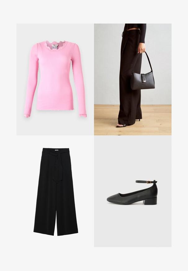 Hosszú ujjú, testhezálló felső rózsaszín bordázott textúrában, fodros nyakkivágással és csipkés részletekkel a mandzsettákon. Klasszikus siluett, puha anyag.; Fekete, bő szárú nadrág, texturált anyagból, rugalmas derékpánttal és levehető sállal a derekán, amely állítható illeszkedést biztosít.; Fekete bőr magassarkú cipő hegyes orral és alacsony tömb sarkal. Bokapánttal rendelkezik, aranyszínű csattal. Simább textúra.; Fekete kézi táska strukturált formával, sima textúrával és fémből készült záródással. Széles fekete nadrággal és nyitott orrú szandállal párosítva, fából készült padlón.