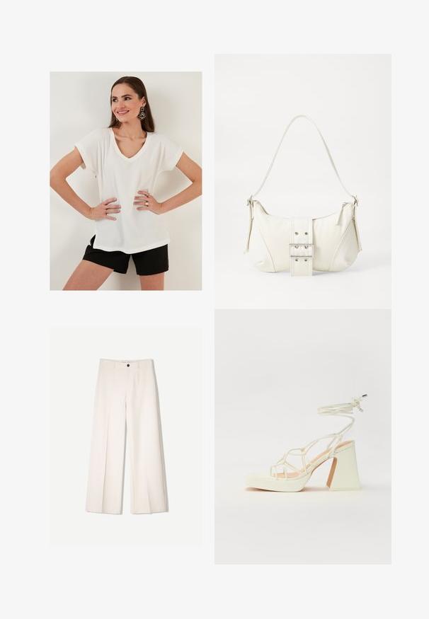 Hvid tekstureret kortærmet top med V-hals og sideskår, parret med sorte shorts. Simpelt design, letvægtsstof, afslappet pasform.; Cremefarvede bukser med bred benvidde og skræddersyet design, der har to forlommer og en enkelt frontknaplukning, lavet af et glat stof.; Hvide højhælede sandaler med en kraftig hæl, der har et stropdesign og ankelbinding. Glat tekstur med en platform foran for ekstra højde.; Hvid skuldertaske med en tekstureret overflade, et centralt spænde og en buet form. Lynlåslukninger på begge sider.