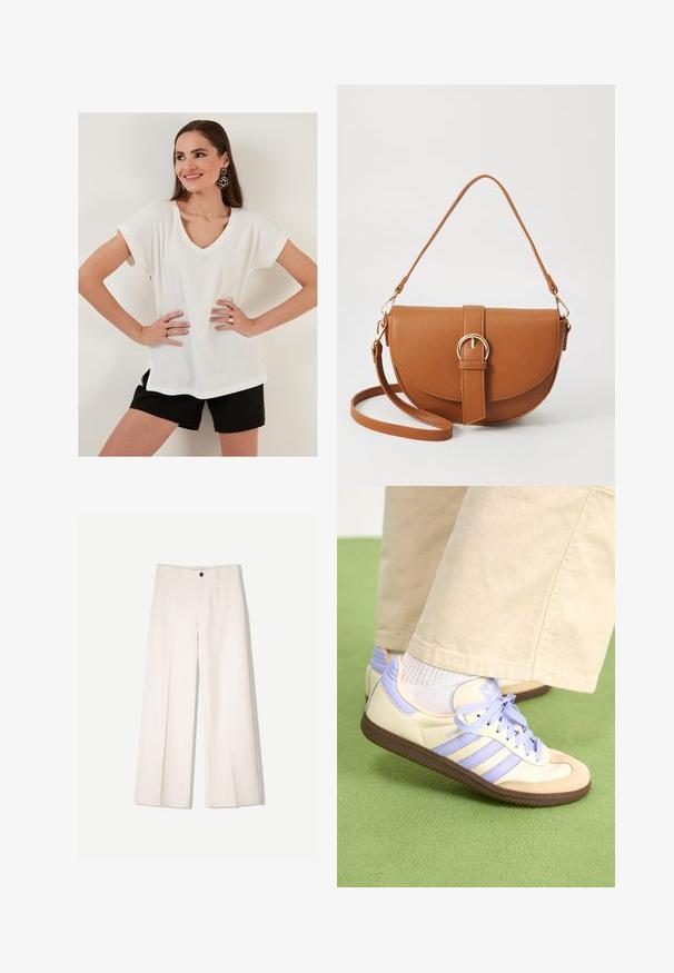 Witte gestructureerde top met korte mouwen, een V-hals en zijsplitten, gecombineerd met zwarte shorts. Eenvoudig ontwerp, lichtgewicht stof, casual pasvorm.; Crème brede broek met een tailored ontwerp, voorzien van twee voorzakken en een enkele sluiting met een knop aan de voorkant, gemaakt van een gladde stof.; Crème- en lavendel-sneakers met drie strepen en een gestructureerde bruine zool, voorzien van veters en een gewatteerde hiel. Zachte stoffen bovenkant.; Bruine leren schoudertas met een gebogen vorm, gouden hardware en een gespaccent. Bevat een afneembare schouderriem.