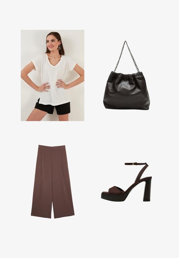 Bela teksturirana majica s kratkimi rokavi, z izrezom v obliki V in stranskimi razporki, v kombinaciji s črnimi kratkimi hlačami. Preprost dizajn, lahka tkanina, sproščen kroj.; Rjave široke hlače z gladko teksturo, ki imajo visok pas in sprednje naborke. Tkanina je lahka in prosto pada.; Rjave semiš sandale z visoko peto, odprto spredaj, z nastavljivim gležnjenjem in črtastim podplatom.; Rjava usnjena torba z nabranim vrhom in verižnim trakom. Gladka tekstura z sijajno površino in subtilnimi šivi na straneh.