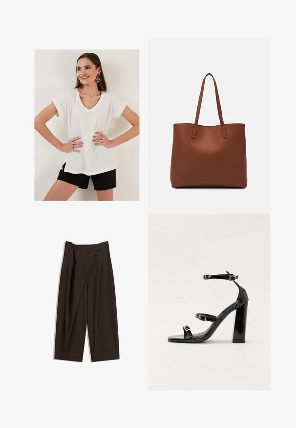 White textured short-sleeve top with a V-neck and side slits, paired with black shorts. Simple design, lightweight fabric, casual fit.; Dark brown wide-leg trousers with a high waist, featuring a single button closure and a pleated front. Made from lightweight fabric.; Black patent heeled sandals with a square toe, ankle straps, and silver buckles. Features a chunky block heel for stability.; Brown leather tote bag with a smooth texture, open top design, and two shoulder straps. Features minimal stitching and no visible hardware.