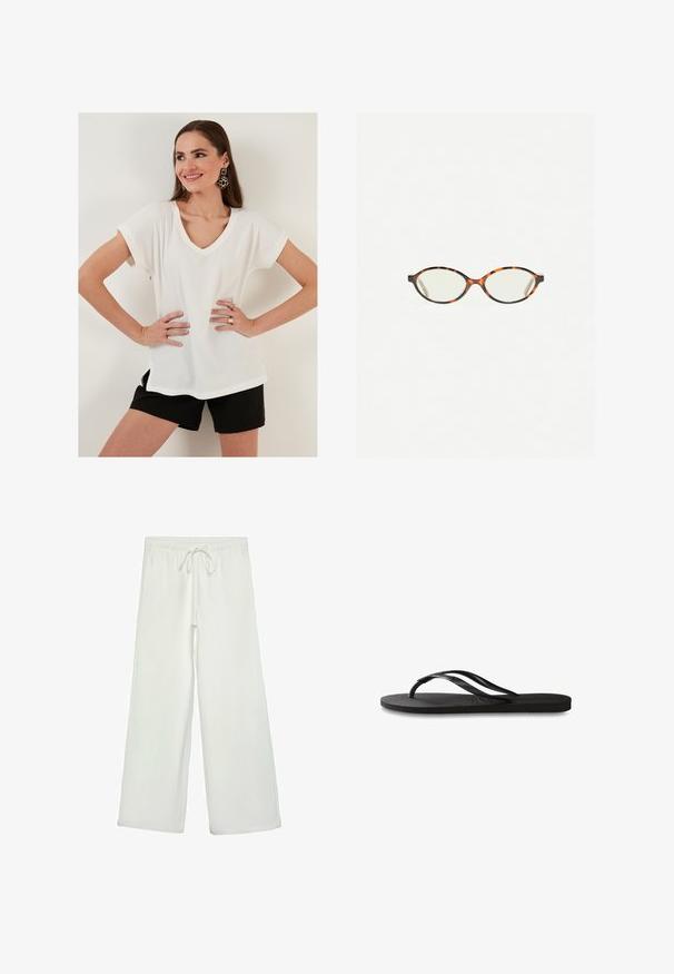 Weißes, strukturiertes T-Shirt mit kurzen Ärmeln und V-Ausschnitt, kombiniert mit schwarzen Shorts. Schlichtes Design, leichtes Material, lässige Passform.; Weiße, weit geschnittene Hose aus weichem Stoff. Mit einem elastischen Bund und einem Kordelzug sowie einer glatten Oberfläche. Keine sichtbaren Muster oder Hardware.; Schwarze Flip-Flops mit einer strukturierten Gummisohle, zwei schlanken Riemen und einem dezenten, geprägten Logo-Detail auf dem Riemen.; Schildpatt-Eyegläser mit ovalen Gläsern und einer eleganten, glatten Oberfläche. Mit dünnen Seiten und einer subtilen Kurve an den Schläfen. Klare Gläser.