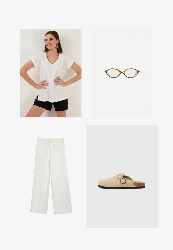 Witte gestructureerde top met korte mouwen, een V-hals en zijsplitten, gecombineerd met zwarte shorts. Eenvoudig ontwerp, lichtgewicht stof, casual pasvorm.; Witte wijde broek van zacht materiaal. Heeft een elastische tailleband met een trekkoord en een gladde textuur. Geen zichtbare patronen of hardware.; Beige suède instapklompen met een kurken voetbed, een ronde teen en een eenvoudige band met een goudkleurige gesp. Rubberen zool voor grip.; Kattenoogbril met ovale lenzen en een strakke, gladde afwerking. Heeft dunne zijkanten met een subtiele kromming bij de slapen. Transparante lenzen.