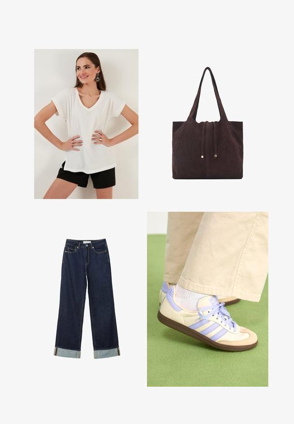 White textured short-sleeve top with a V-neck and side slits, paired with black shorts. Simple design, lightweight fabric, casual fit.; Dark blue wide-leg jeans with a high waist, featuring rolled cuffs, contrast stitching, and five-pocket design. Made of denim fabric.; Cream and lavender sneakers with three stripes and a textured brown sole, featuring laces and a padded heel. Soft fabric upper.; Mango Tote bag - dark brown