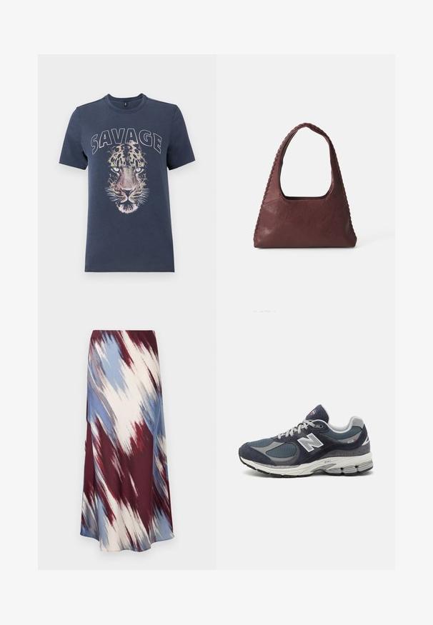 Námořnická modrá bavlněná tričko s velkým potiskem leopardí tváře a textem "SAVAGE" nahoře, kulatým výstřihem a krátkými rukávy.; Dlouhá sukně s diagonálním tie-dye vzorem v burgundské, modré a krémové barvě, vyrobená z měkké tkaniny s volným silhouette a mírným leskem.; Tenisky New Balance s horní částí ze síťoviny a semíš, navy barvy, šedé akcenty, bílé logo, polstrovanou podrážkou a texturovanými detaily.; Burgundská kožená kabelka trojúhelníkového tvaru, s otevřeným topem a tkaným detailem podél rukojeti. Hladký povrch s matným finišem.
