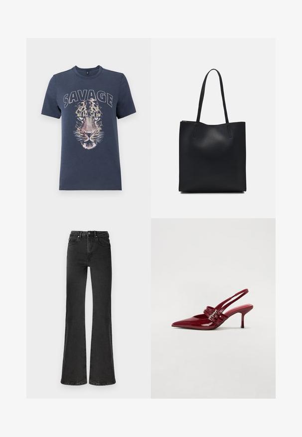 Temno modra bombažna majica s kratkimi rokavi, ki prikazuje velik natisnjen leopardov obraz z besedilom "SAVAGE" nad njim, okroglo ovratnikom.; Črne zvonaste kavbojke iz denima z visokim pasom, podrobno šivanje, dvema sprednjima žepoma in čistim robom.; Rde lakirane sandalete na peto s ostrim nosom, dvema sponkami in tanko, srednje visokim peto središče. Gladka tekstura.; Črna usnjena torba s svilnato teksturo, pravokotne oblike in dvema dolgima ročajema. Brez vidnih metalnih delov ali okrasnih elementov.